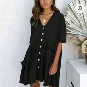 Summer Beach Casual V Neck Sundress w/Pockets in Black w/White Buttons Size M